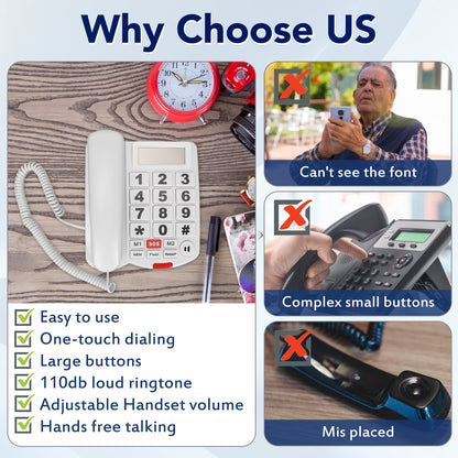Large Button Phones for Seniors, Wired Telephone with Caller ID/Hands-Free for Office, Adjustable Amplified Volume Landline Phones for Visually/Hearing Impaired Elderly Emergency House Phones