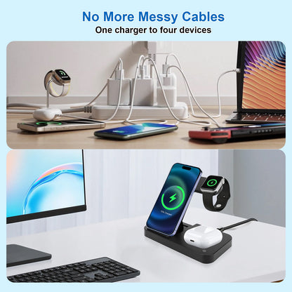 4 in 1 Wireless Charger Stand 15W Charging Station for Multiple Devices Compatible with iPhone 16/15/14/13/12/11, for iWatch, AirPods, Foldable Fast Charging Stand with LED Light