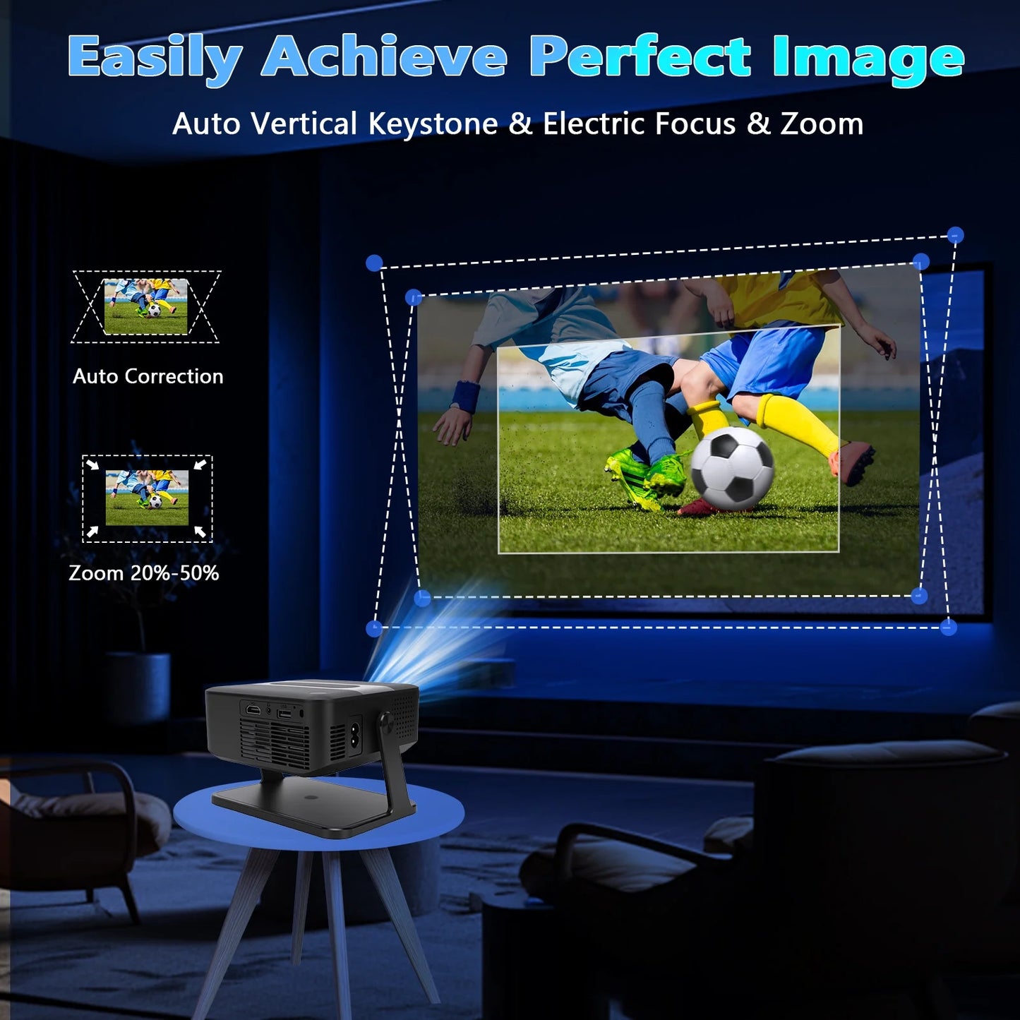 Smart Projector with WiFi and Bluetooth, Portable Outdoor Movie Projector Supports 4K with Android System, 120'' Screen Mini Projector Auto Keystone Compatible with HD-MI/USB/Smartphone/PC/Laptop