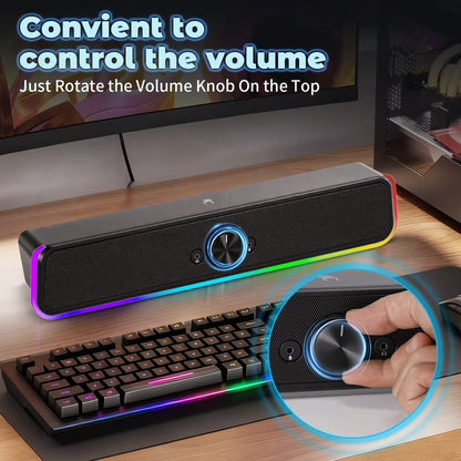 Computer Speakers with Clear Sound, USB Plug & Play PC HiFi Speakers Sound Bar with Dynamic LED Light, 3.5mm Cable Stereo Sound Gaming Speaker for PC Desktop Monitor Laptop, One-knob Control