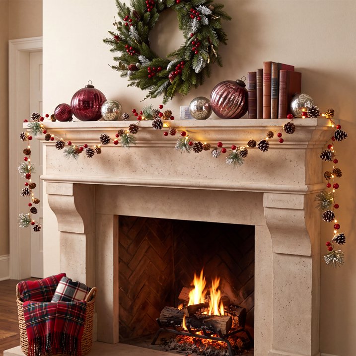 9.8ft Christmas Garland with Lights, 30 LED Red Berry Pine Cone Garland Lights Battery Operated, LED Garland String Lights, Indoor Outdoor Christmas Decorations for Home Garland Fireplace Decor