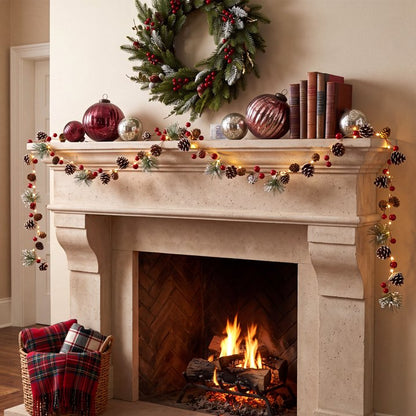 9.8ft Christmas Garland with Lights, 30 LED Red Berry Pine Cone Garland Lights Battery Operated, LED Garland String Lights, Indoor Outdoor Christmas Decorations for Home Garland Fireplace Decor
