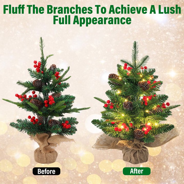 Mini Christmas Tree with LED Lights, 18 inch Small Xmas Tree with Red Berries & Pinecone, Easy Setup Table Decorations for Home, Office, Dining Table and Indoor Festive Displays