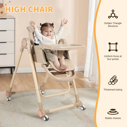 Loewten 3-in-1 Baby High Chair,Convertible Baby Swing,Foldable Infant Dining Chairs Seat with Wheels for Babies and Toddlers,Brown