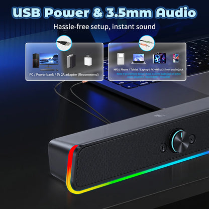 Computer Speakers with Clear Sound, USB Plug & Play PC HiFi Speakers Sound Bar with Dynamic LED Light, 3.5mm Cable Stereo Sound Gaming Speaker for PC Desktop Monitor Laptop, One-knob Control