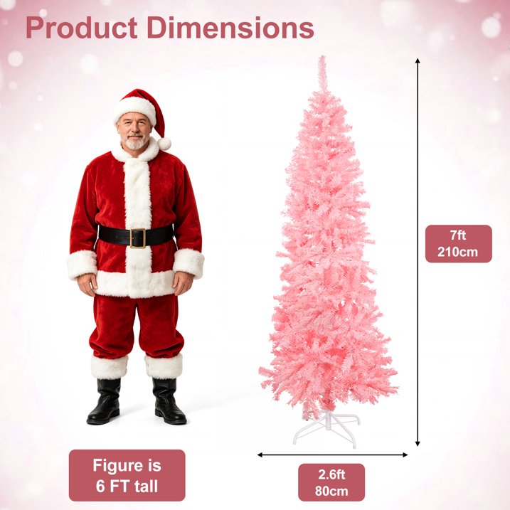 7ft Pink Pencil Christmas Tree, 840 Branch Tips with Sturdy Metal Stand Hinged Unlit Slim Artificial Xmas Tree Design for Holiday Decoration in Home, Office and Party Spaces