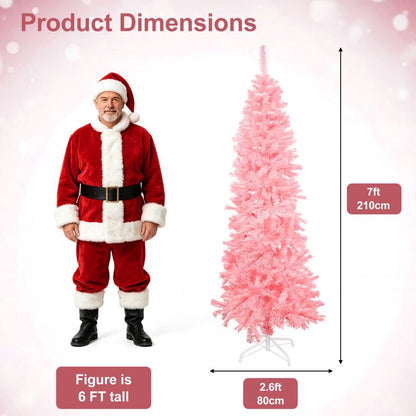 7ft Pink Pencil Christmas Tree, 840 Branch Tips with Sturdy Metal Stand Hinged Unlit Slim Artificial Xmas Tree Design for Holiday Decoration in Home, Office and Party Spaces