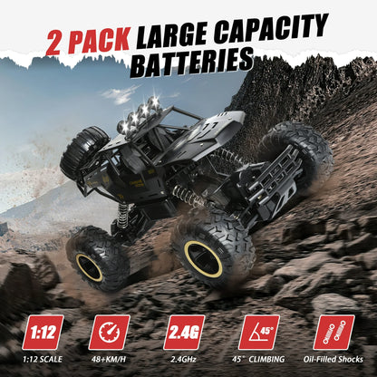 1:12 Scale RC Cars for Adults, All Terrain off-Road Remote Control Truck 48KM/H, High Speed 4WD RC Vehicle with 60 Min Runtime, 2 Batteries LED Lights Gifts Toys for Kids