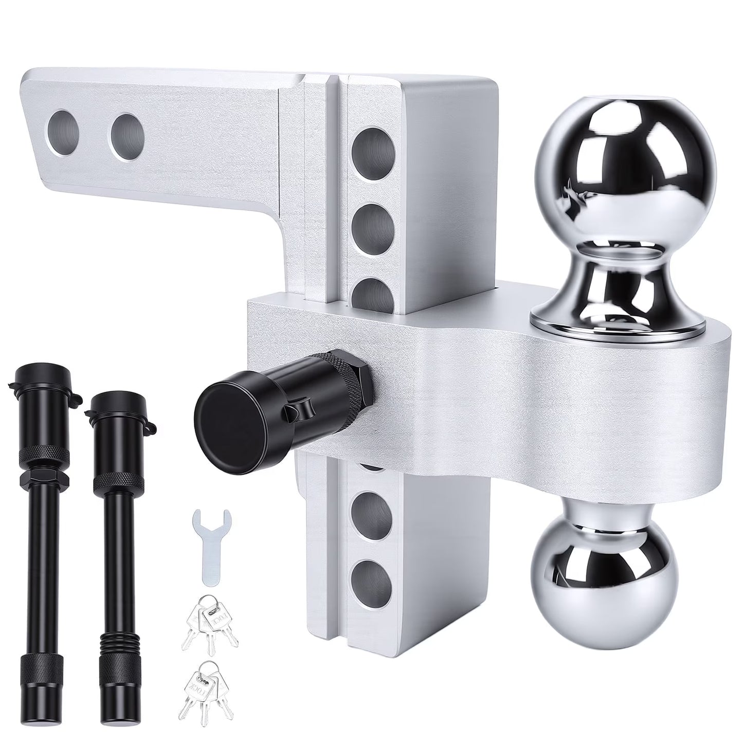 Adjustable Trailer Hitch,Aluminum Drop Hitch Fits 2" Receiver, 6 Inch Drop/Rise, 12,500 LBS GTW Heavy Duty Truck Hitch, (2" & 2-5/16") Chrome Plated Steel Balls - Tow Hitch Ball Mount,Sliver