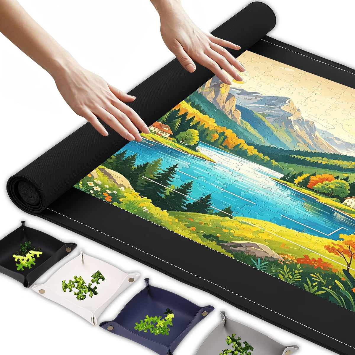 Adult Jigsaw Puzzle Mat Roll Up, Saver Pad 45" x 25" Portable Keeper Up to 1500 Pieces with Non-Slip Rubber Bottom and Polyester Top + 4 Puzzle Sorting Trays, Travel-Friendly Storage Bag