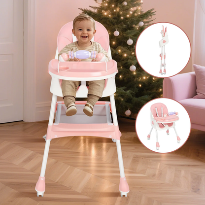 4-in-1 Baby High Chair, Convertible High Chair for Babies and Toddlers, Portable Folding Dining Chairs Eat & Play with Five-Point Harness, Double-Layer Dinner Plate, Toy Rack, Spoon, Fork, Bowl, Pink