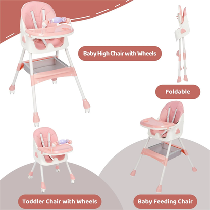 4-in-1 Baby High Chair, Convertible High Chair for Babies and Toddlers, Portable Folding Dining Chairs Eat & Play with Five-Point Harness, Double-Layer Dinner Plate, Toy Rack, Spoon, Fork, Bowl, Pink