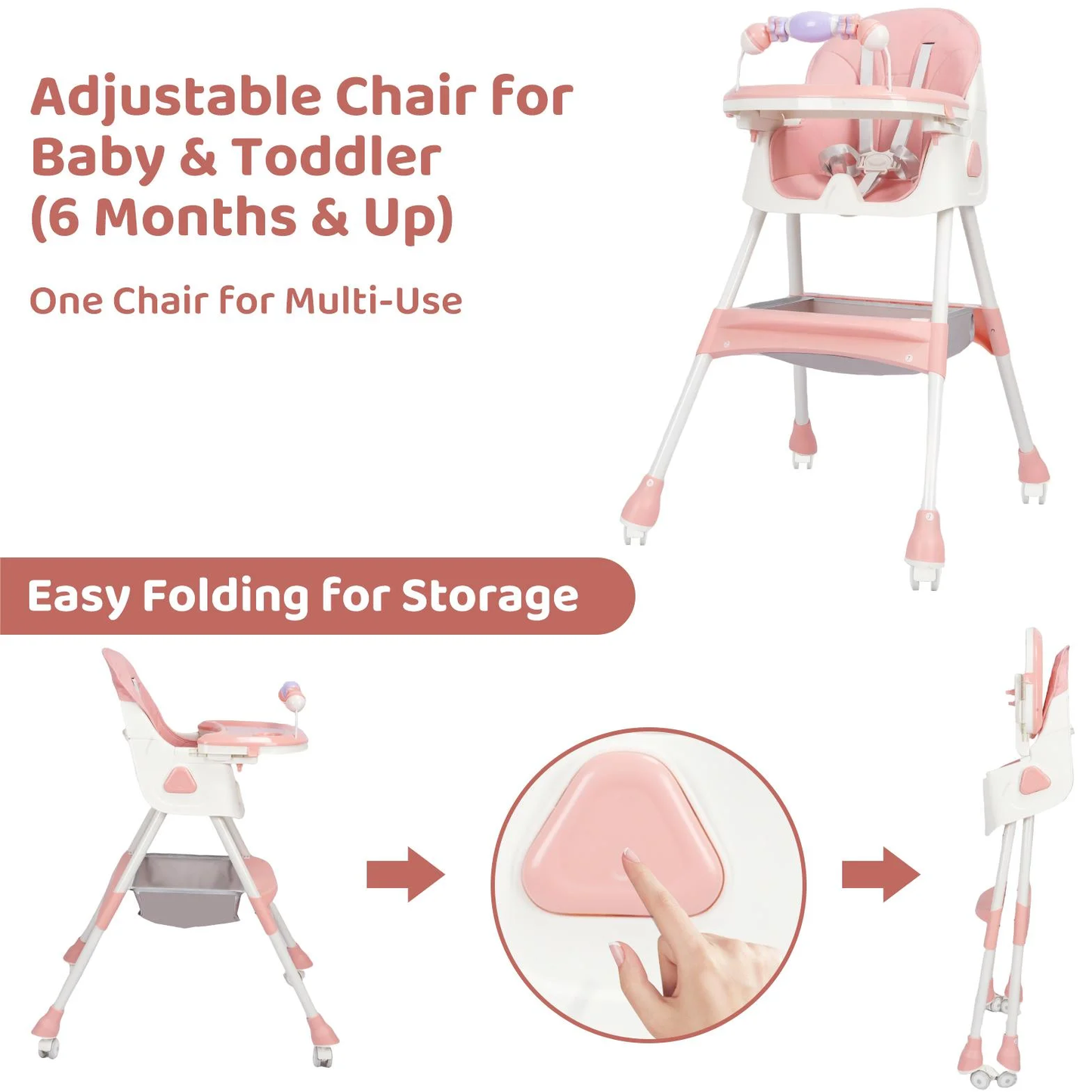 4-in-1 Baby High Chair, Convertible High Chair for Babies and Toddlers, Portable Folding Dining Chairs Eat & Play with Five-Point Harness, Double-Layer Dinner Plate, Toy Rack, Spoon, Fork, Bowl, Pink