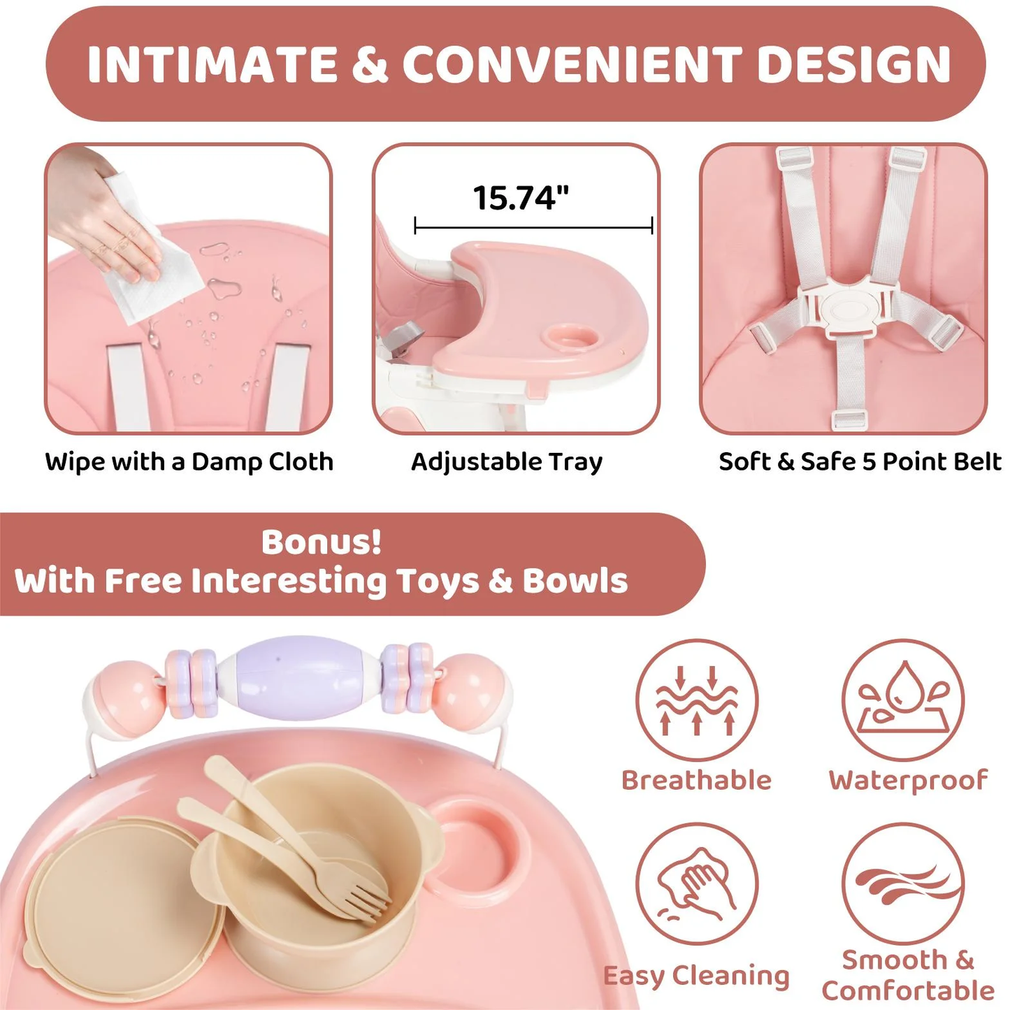 4-in-1 Baby High Chair, Convertible High Chair for Babies and Toddlers, Portable Folding Dining Chairs Eat & Play with Five-Point Harness, Double-Layer Dinner Plate, Toy Rack, Spoon, Fork, Bowl, Pink