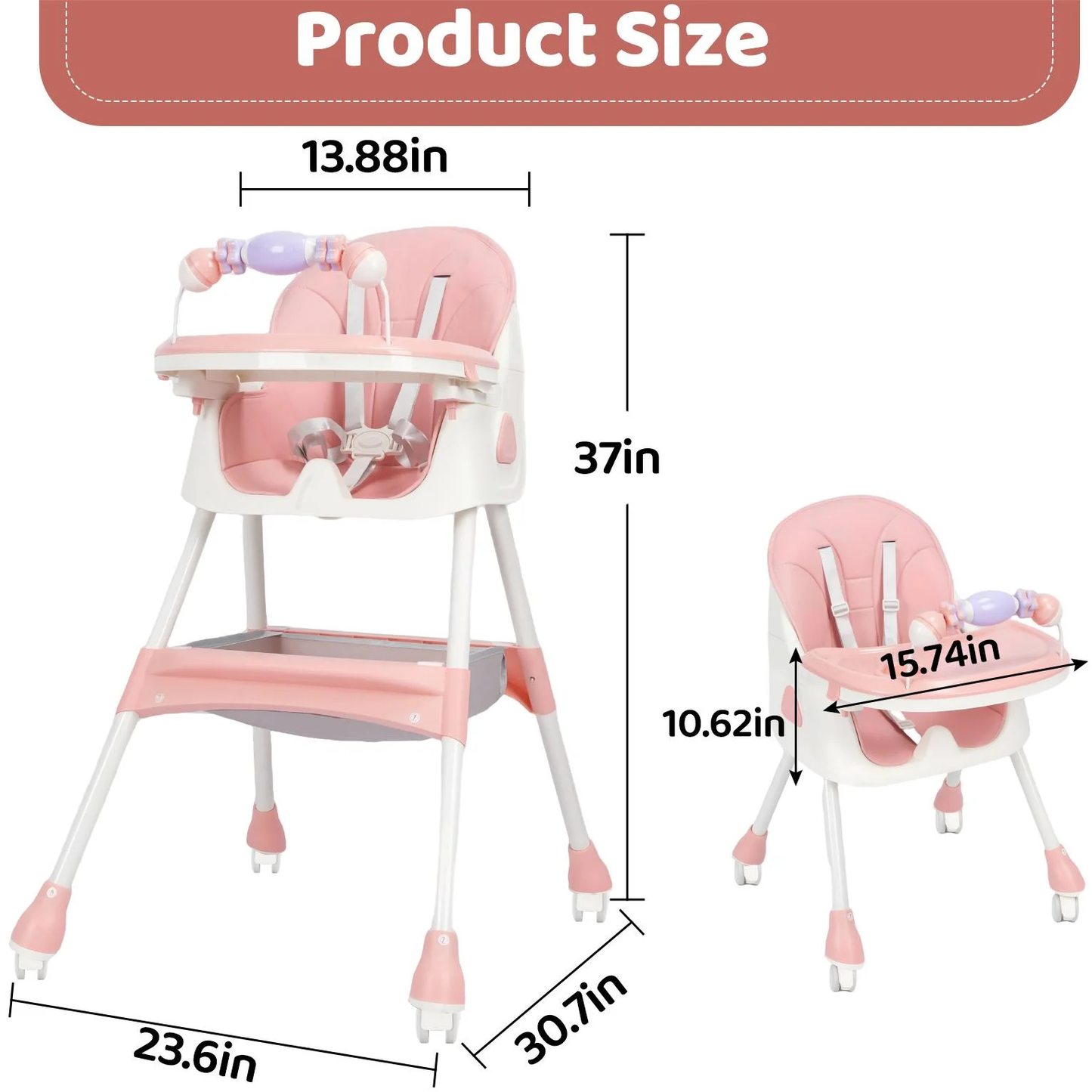 4-in-1 Baby High Chair, Convertible High Chair for Babies and Toddlers, Portable Folding Dining Chairs Eat & Play with Five-Point Harness, Double-Layer Dinner Plate, Toy Rack, Spoon, Fork, Bowl, Pink