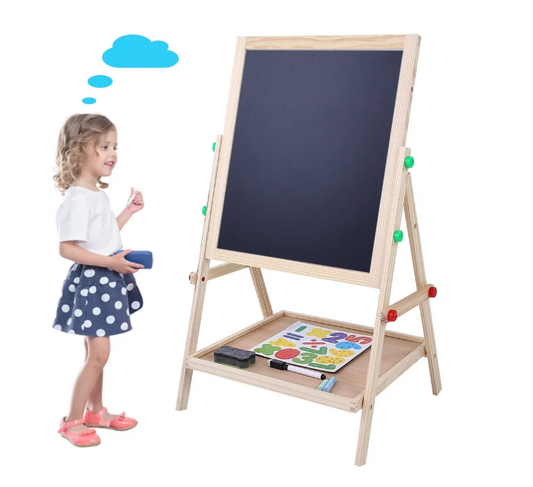 Brrnoo Wooden Height Adjustable Kids Art Easel with Double Sided Drawing Board Chalkboard and Dry Erase White Board