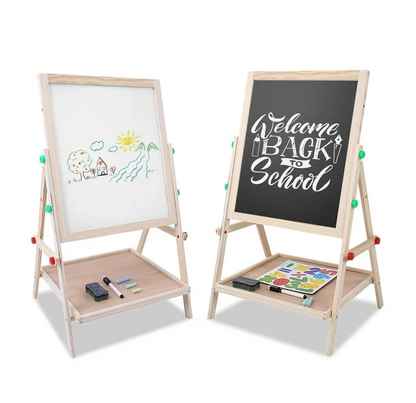 Brrnoo Wooden Height Adjustable Kids Art Easel with Double Sided Drawing Board Chalkboard and Dry Erase White Board