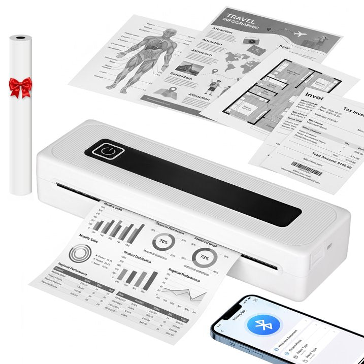 Bluetooth Thermal Printer, Portable Printer Wireless for Travel,Office&School, Includes Rolls Paper – Supports US Letter,A4 Thermal Paper, Inkless Printing, Compatible with iOS,Android & Laptops