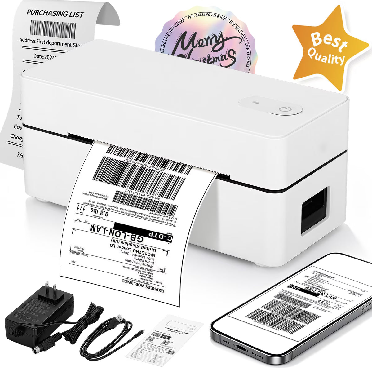 Bluetooth Thermal Shipping Label Printer, 4x6 Portable Thermal Address Label Maker for Small Business, Compatible with iPhone/Android/Windows/Mac, Works with Etsy Shopify USPS & More, White