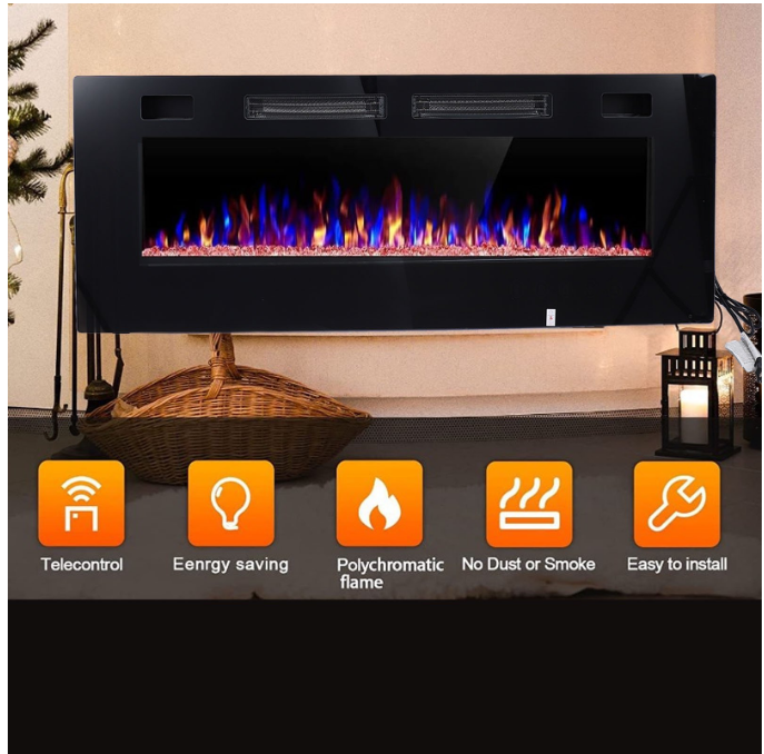 60in 5100BTU Indoor Electric Ultra Thin Mute Fireplace, Wall Mounted Recessed Adjustable Multiple Flame Colors & 5 Speeds & 8H Timer Fireplace with Touch Screen and Remote Control