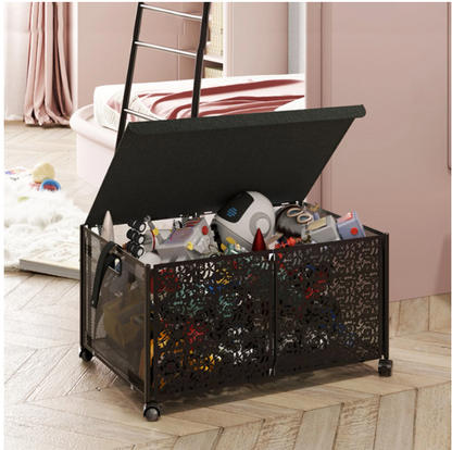 Toy Box Storage, Foldable Metal Kids Toy Chest with Flip-Top Lid and Wheels for Bedroom Nursery Playroom,Black