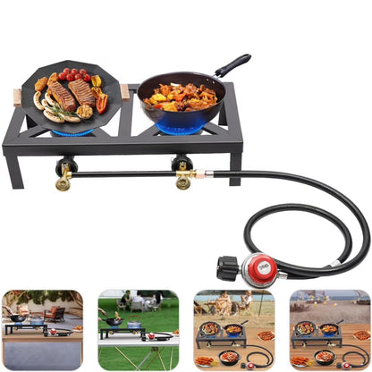 Portable 2 Burner Outdoor Gas Stove Cooker with Adjustable 0-10PSI Regulator Hose, BBQ Propane Burner Head for Patio Camping Tailgating Hiking Home Brewing Turkey Fry Maple Syrup Prep