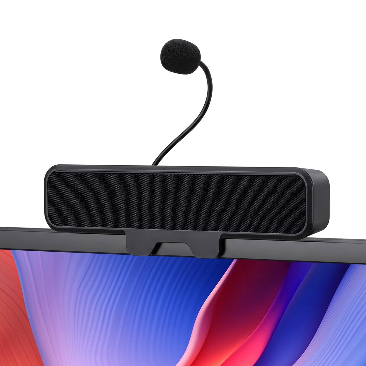 Computer Speakers with Microphone for Desktop PC, USB Monitor Speakers with Clip, Wired Laptop Sound Bar, Stereo & Bass, PC Speaker w/Mic for Meeting/Gaming/Online Learning, Easily Clamps to Monitor