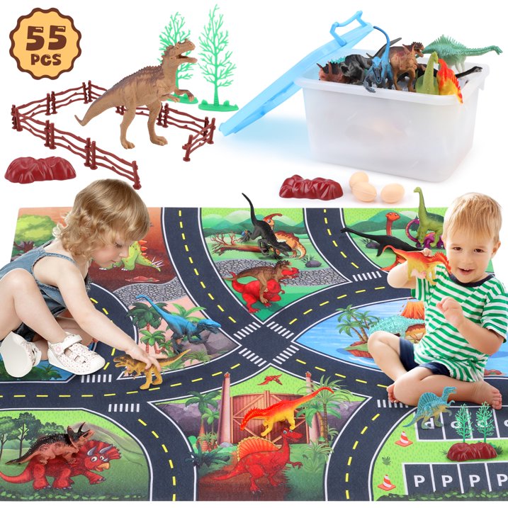 Jurassic Dinosaur Toys for Kids 3-7, 55 PCS Realistic Plastic Dinosaur Figure Toy Set with Jumbo Play Mat/Storage Box & 36 Dinos, Educational Dinos Figure Playset Ideal Gift for Toddlers Boys Girls