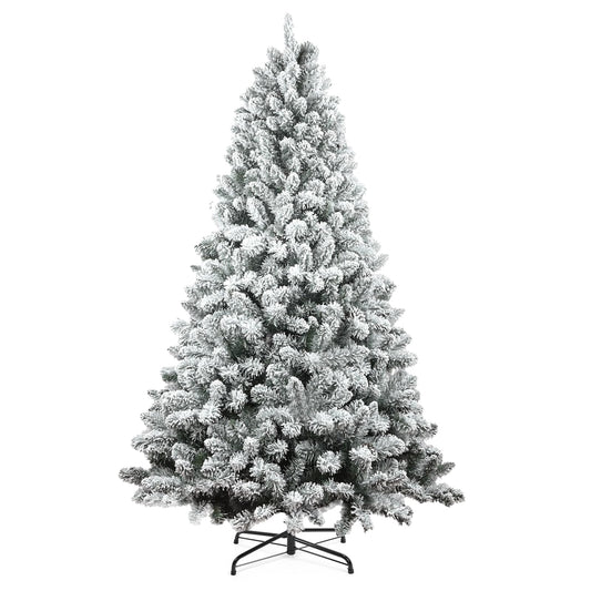 6FT Snow Flocked Christmas Tree, Unlit Artificial Holiday Christmas Pine Tree with 600 Branch Snow Tips and Foldable Metal Base, Xmas Tree w/ Dense Branches for Indoor Outdoor Home Office Party Decor