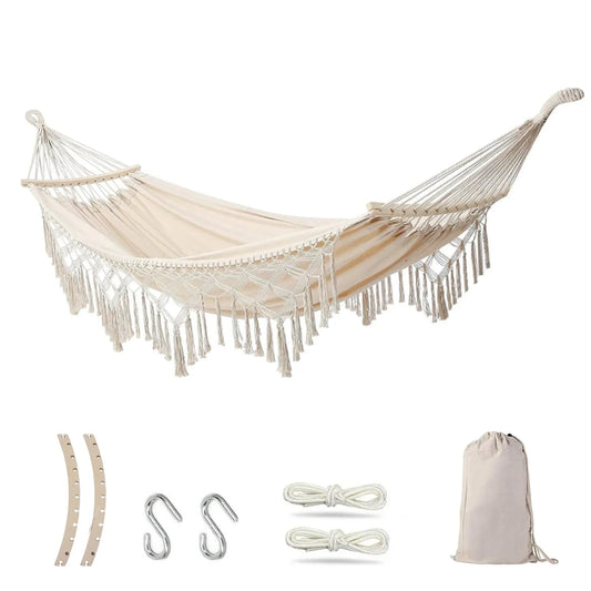 2-Person Canvas Solid Wood Tassels Fishtail Knitting with Mounting Straps & Curved Rod & Carrying Bag Double Hammock