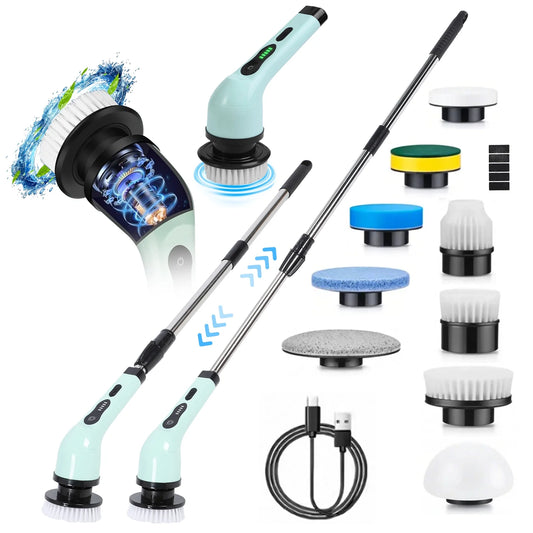 Electric Spin Scrubber, Cordless Power Scrubber with Extension Handle & 9 Replaceable Head for Bathroom & Tub & Tile Floor