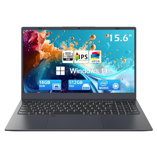 15.6 inch Laptop Computer 16GB DDR4 512GB SSD Quad-Core Intel N5095 Processors Windows 11 Notebook 1920*1080 FHD IPS Display, WiFi 5, Webcam, Fingerprint, Numeric Keyboard, Student Laptop, Gray