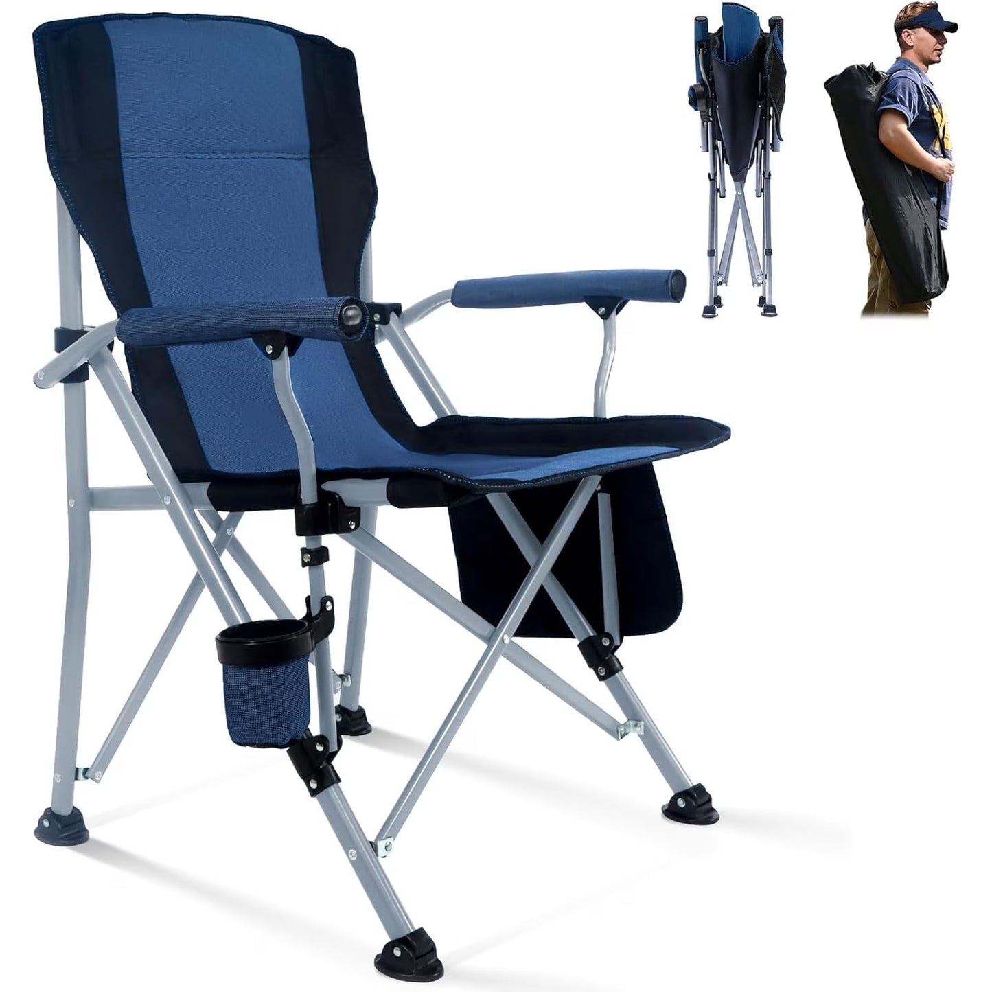Folding Camping Chair, Portable High Back Folding Lawn Chairs for Adults, Outdoor Camping Chair with Cup Holder, Side Pocket, Hard Armrest, Carry Bag, Anti-slip Footpad, Support 350 lbs, Dark Blue