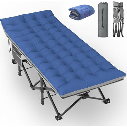 Folding Camping Cots for Adults, Portable Outdoor Camping Bed with Mattress, Heavy Duty Guest Bed Sleeping Cot Folding Bed for Camping Traveling Office Use, 74" X 26", Blue Mattress,