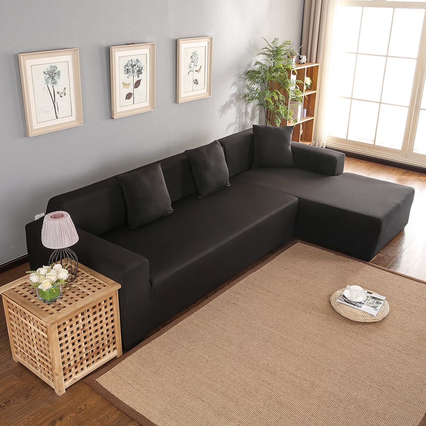 Fyydes 3+2 Seat Corner Sofa Cover L Shape Slipcover Protector For Living Black