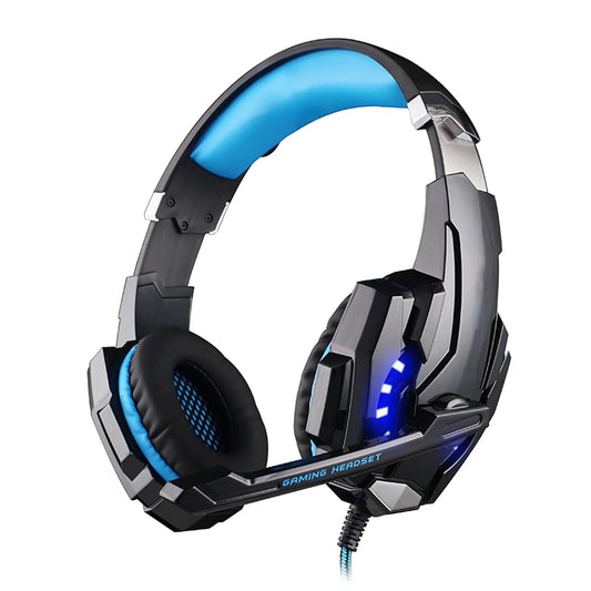 Gaming Headset for PC Laptop, Bass Surround Noise Cancelling Over Ear Headphones with Mic, Computer Headset with 3.5mm Stereo Jack & LED Light﻿, Soft Memory Earmuffs, Blue