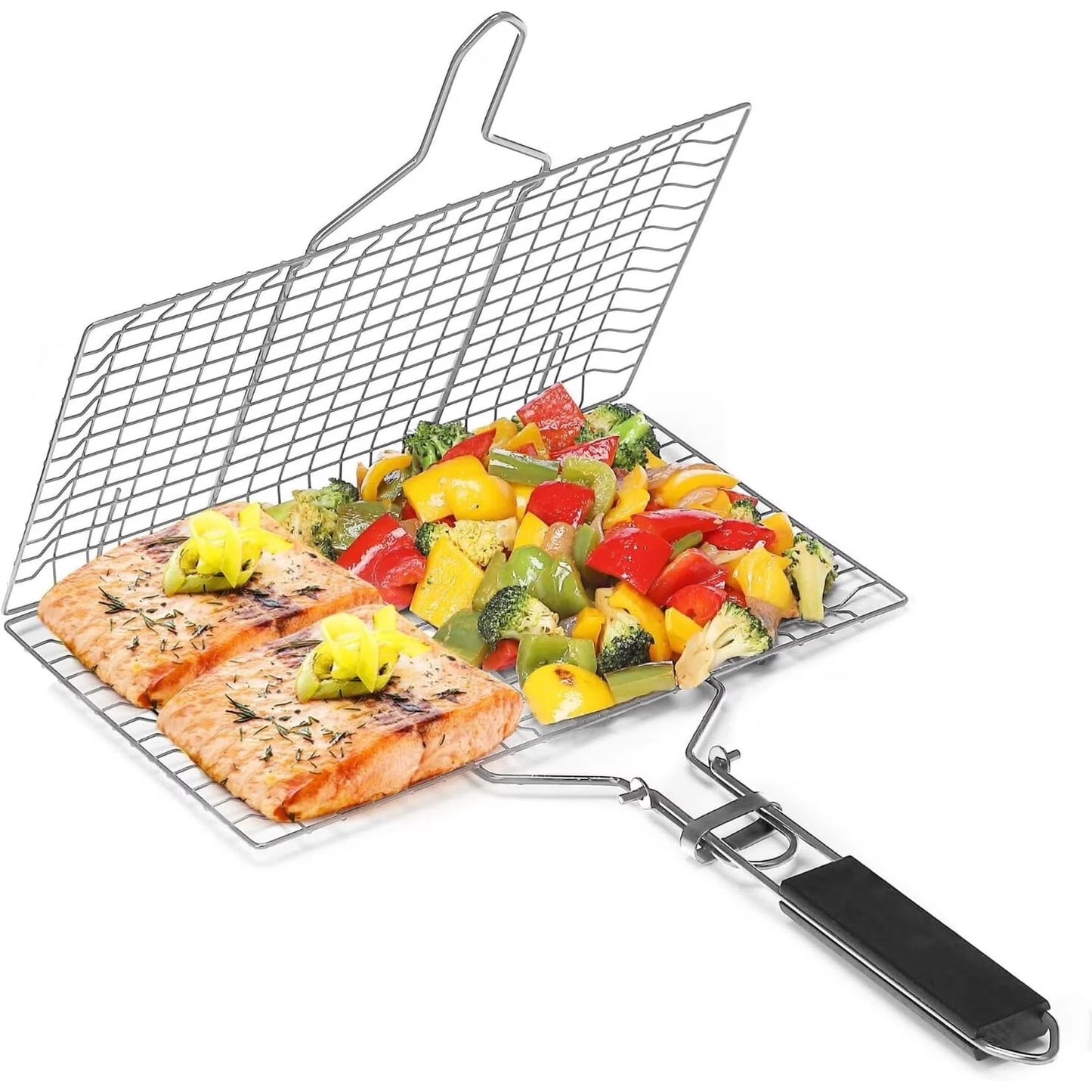 Grill Baskets for Outdoor Grill, Stainless Steel Large Folding Grilling Baskets with Detachable Handle, Portable Fish Grill Basket BBQ Grill Basket Grilling Accessories for Fish Shrimp Vegetables