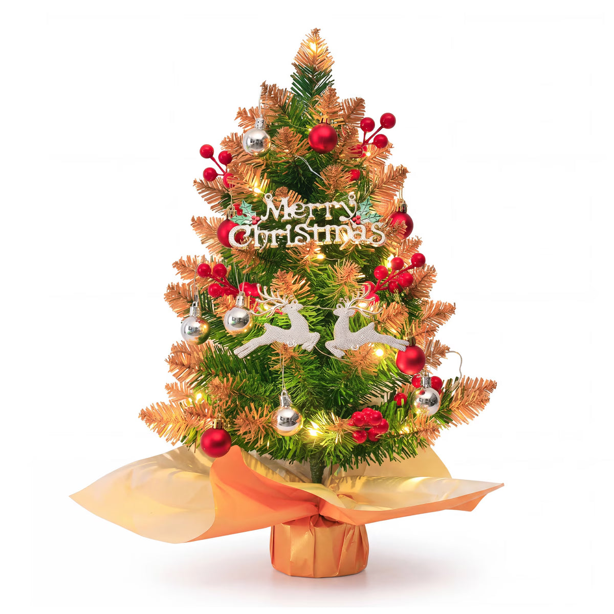 Mini Christmas Tree with Lights, Battery Operated 18 inch Small Artificial Table Top Christmas Tree Decoration with Red Berries, Ball Ornaments, Deer Ornaments DIY Holiday Home Office Indoor Decor