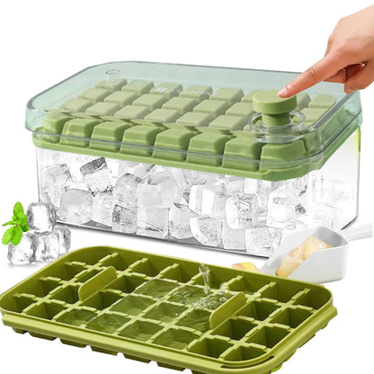 Ice Cube Tray for Freezer, 64 Nuggets Ice Cubes Molds with Lid and Bin, Silicone Ice Freezer Container, Spill- Removable Lid & Ice Scoop, for Whiskey,Cocktail ,Green