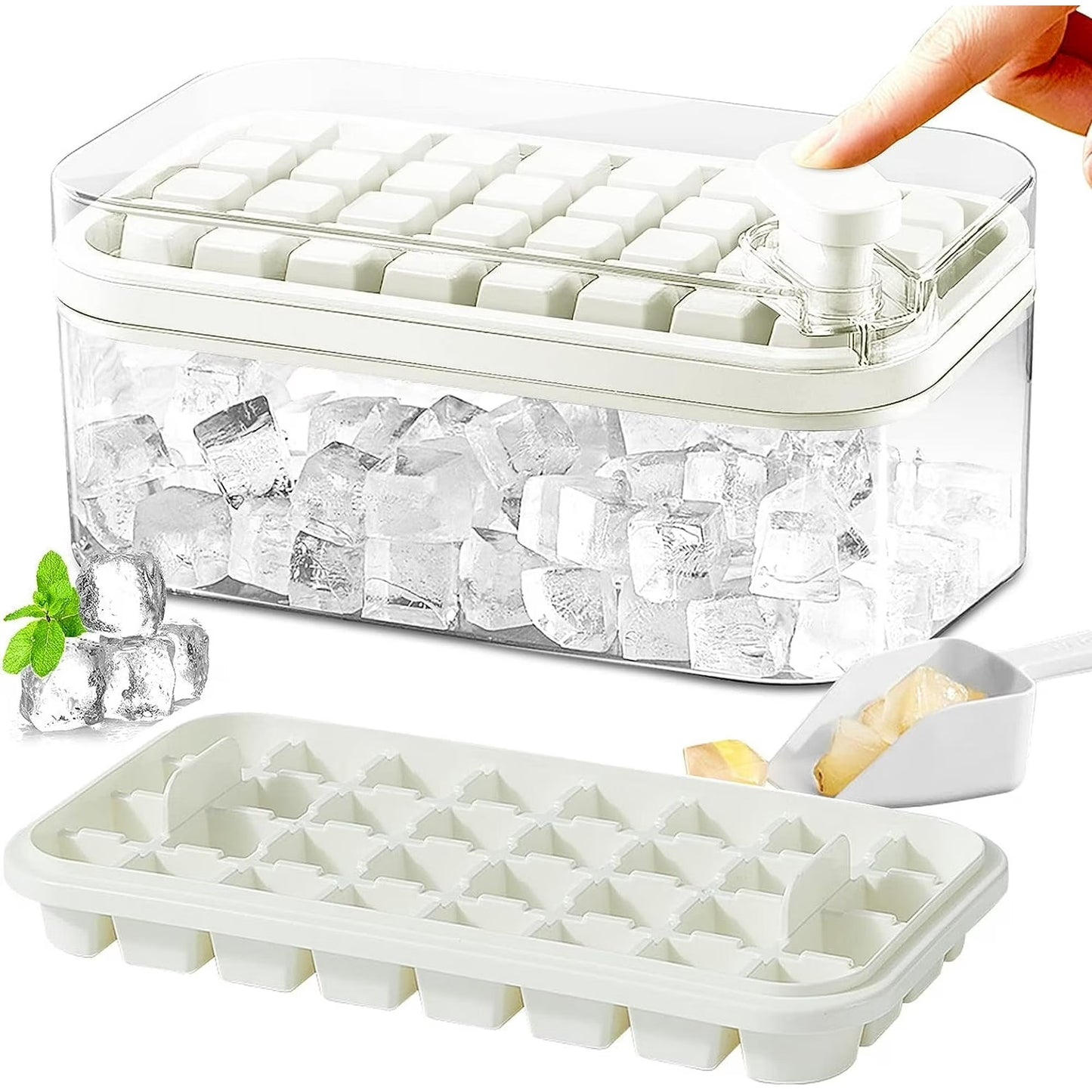 Ice Cube Tray for Freezer, 64 Nuggets Ice Cubes Molds with Lid and Bin, Silicone Ice Freezer Container, Spill- Removable Lid & Ice Scoop, for Whiskey,Cocktail ,White