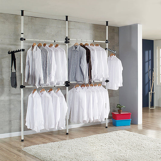 Telescopic Garment Rack, Premium Heavy Duty Movable Coat Hanger Clothes Wardrobe 3 Poles 4 Bars, Hanging Rail Storage Shelving, Adjustable Height 160  320cm