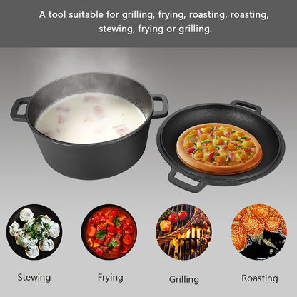 2 in 1 Seasoned Cast Iron Double Dutch Oven Combo Cooker, Enameled Double Dutch Oven