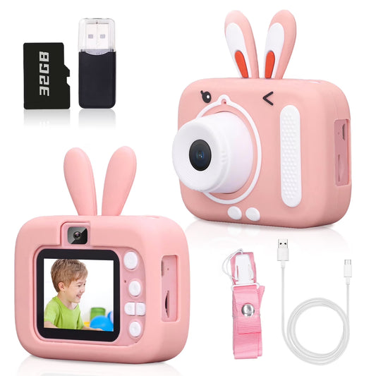 Mini Camera, Toy Camera with 1080P HD Screen, 32GB SD Card, Silicone Cover Perfect Birthday Christmas Gift for 3-12 Years Old Pink