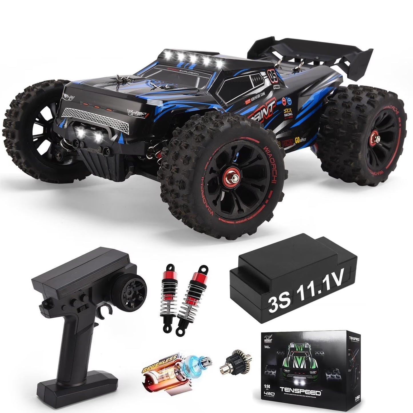 1:14 Brushless Fast RC Car for Adults Boys 56+MPH All Terrains 4WD High Speed Waterproof Remote Control Cars Truck Off Road RC Monster Truck with 3S Lipo Battery, LED Lights, Last up to 60 Mins