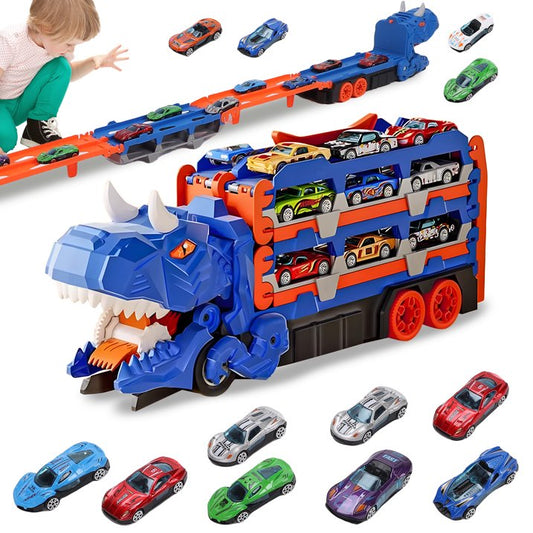 Dinosaur Race Track Toys for 3 4 5 6 Years Old Boys, Dinosaur Transporter Car Race Track with 12 Die-Cast Car Toys & 57inch Dual-Way Foldable Tracks, Truck Toys Set Gifts for Age 3-12 Kids Boys Girls