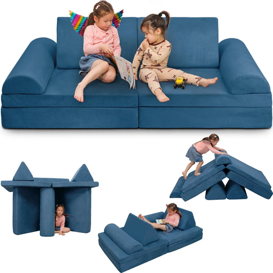 12pcs Modular Kids Play Couch, Child Sectional Sofa, Fortplay Bedroom and Playroom Furniture for Toddlers, Convertible Foam and Floor Cushion for Boys and Girls, Blue
