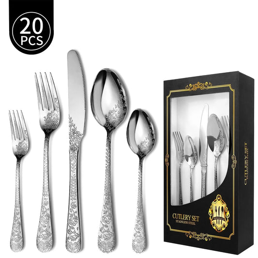 LHCER 20PCS Silverware Set Service for 4, Stainless Steel Titanium Silver Plating Flatware Set, Knives Forks Spoons Tea Forks Teaspoons Kits with Flower Pattern for Kitchen Restaurant Party Sliver