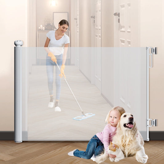 Retractable Mesh Baby & Dog Pet Safety Gate for Stairs & Doorways - 34" Tall, Extends to 71" Wide - Indoor & Outdoor Child Gates for the House, Gray