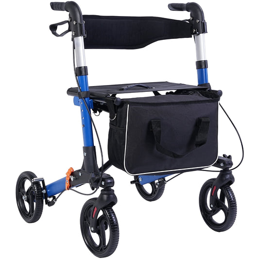 Foldable Rollator Walker with Seat Adjustable Mobility Walker with 10 inch Wheels for All Terrain, 300 lbs Weight Capacity, Sturdy Steel Rolling Medical Walker