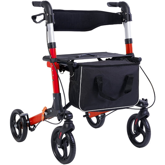 Rollator Walker for Seniors, Lightweight Foldable All Terrain Rolling Walker with seat, Aluminum Walkers with 8 inch Solid Wheels, Handles and Backrest for Seniors and Adult, Red